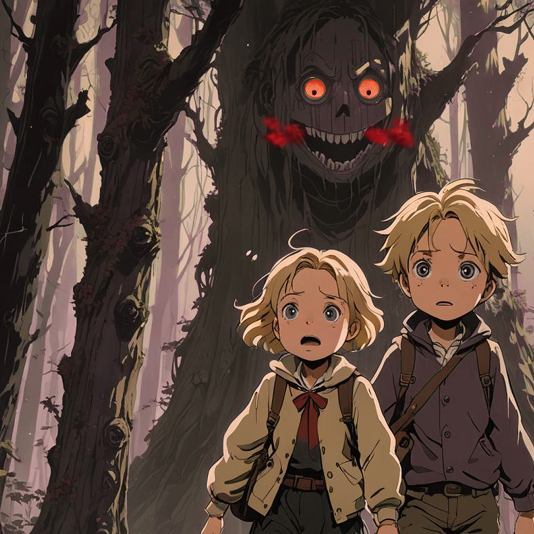 Hansel and Gretel lost in the dark forest