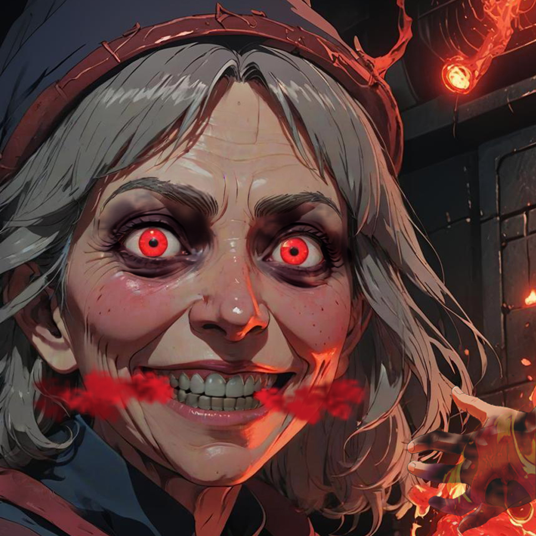 Closeup of a witch looking at a red oven